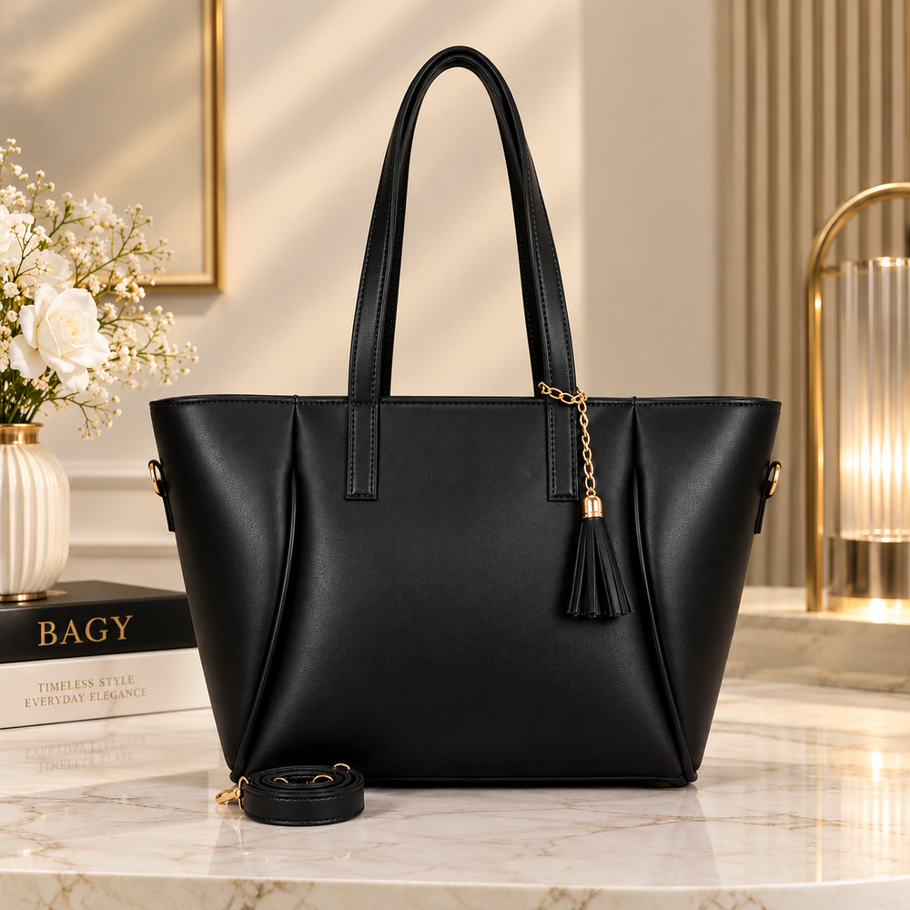 Black Luxury Tote Bag with Golden Tassel Charm