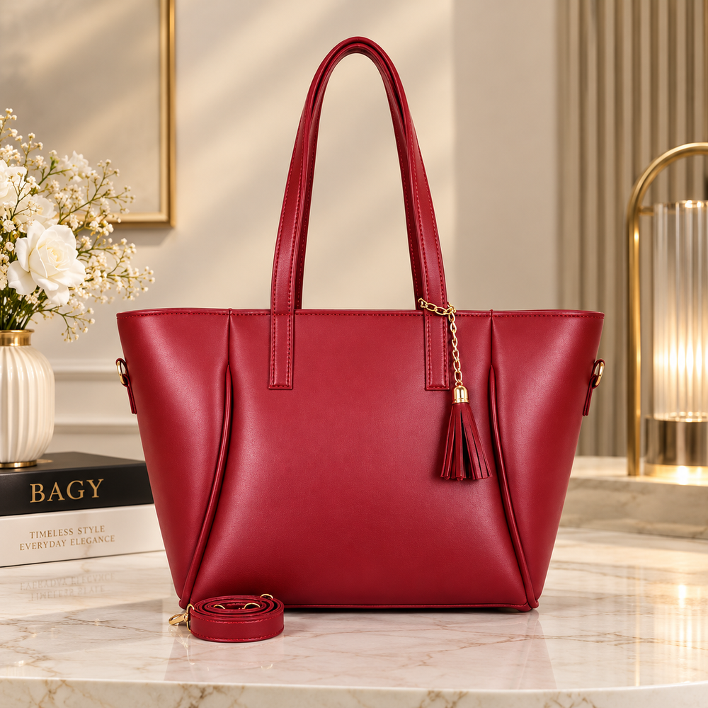 Cherry Red Luxury Tote Bag with Golden Tassel Charm