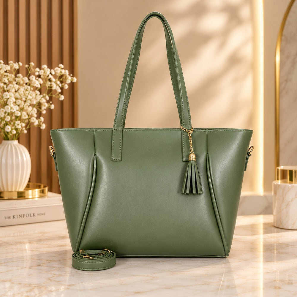 Olive Green Luxury Tote Bag with Tassel Charm