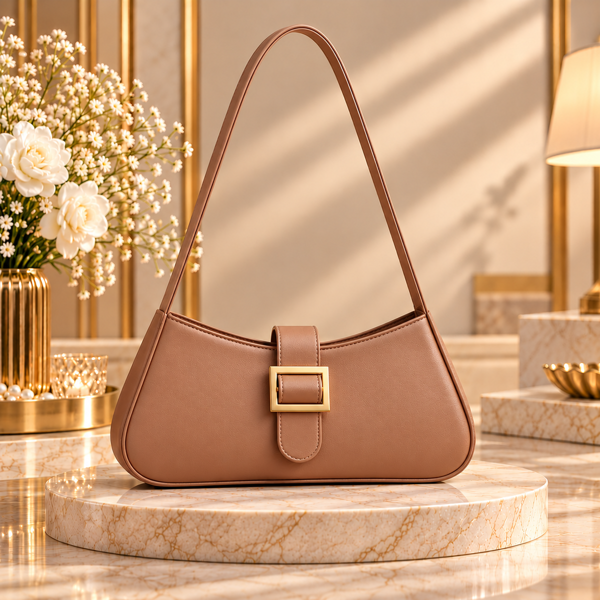 Buckle Shoulder Bag – Light Brown | Premium Ladies Handbag