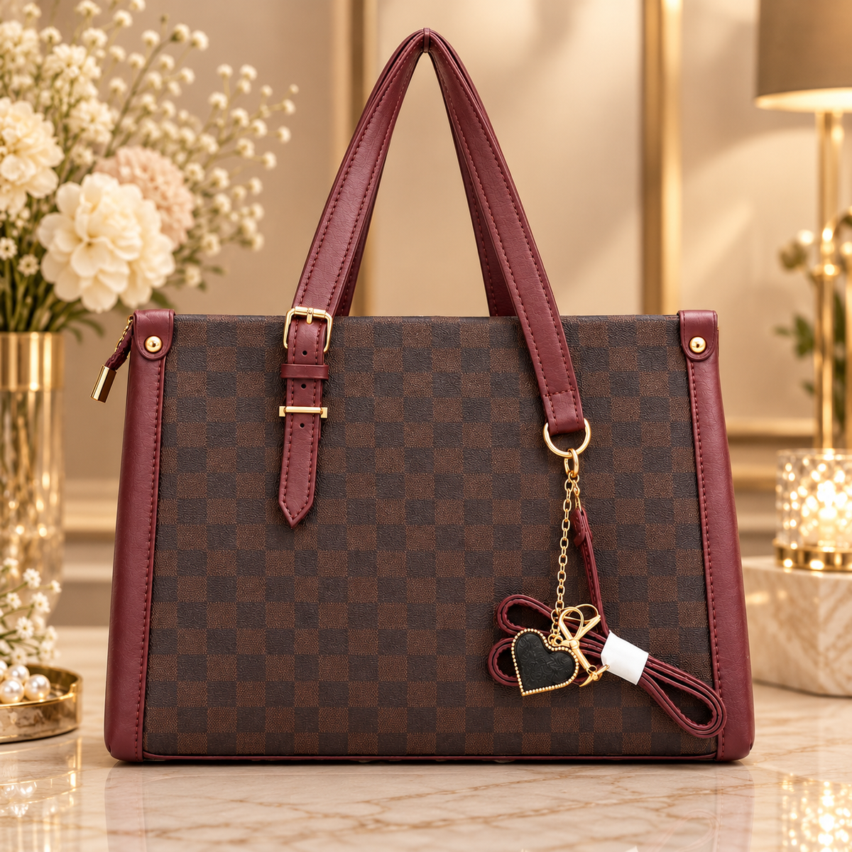 BagY Blush Brown Checkered Tote Bag