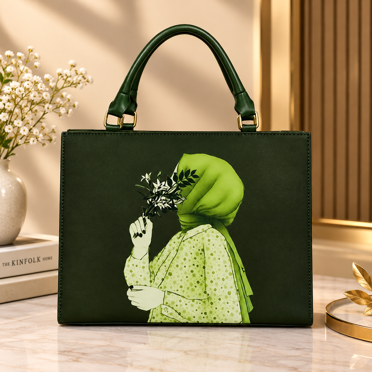 Forest Green Floral Hijab Printed Luxury Tote Bag for Women