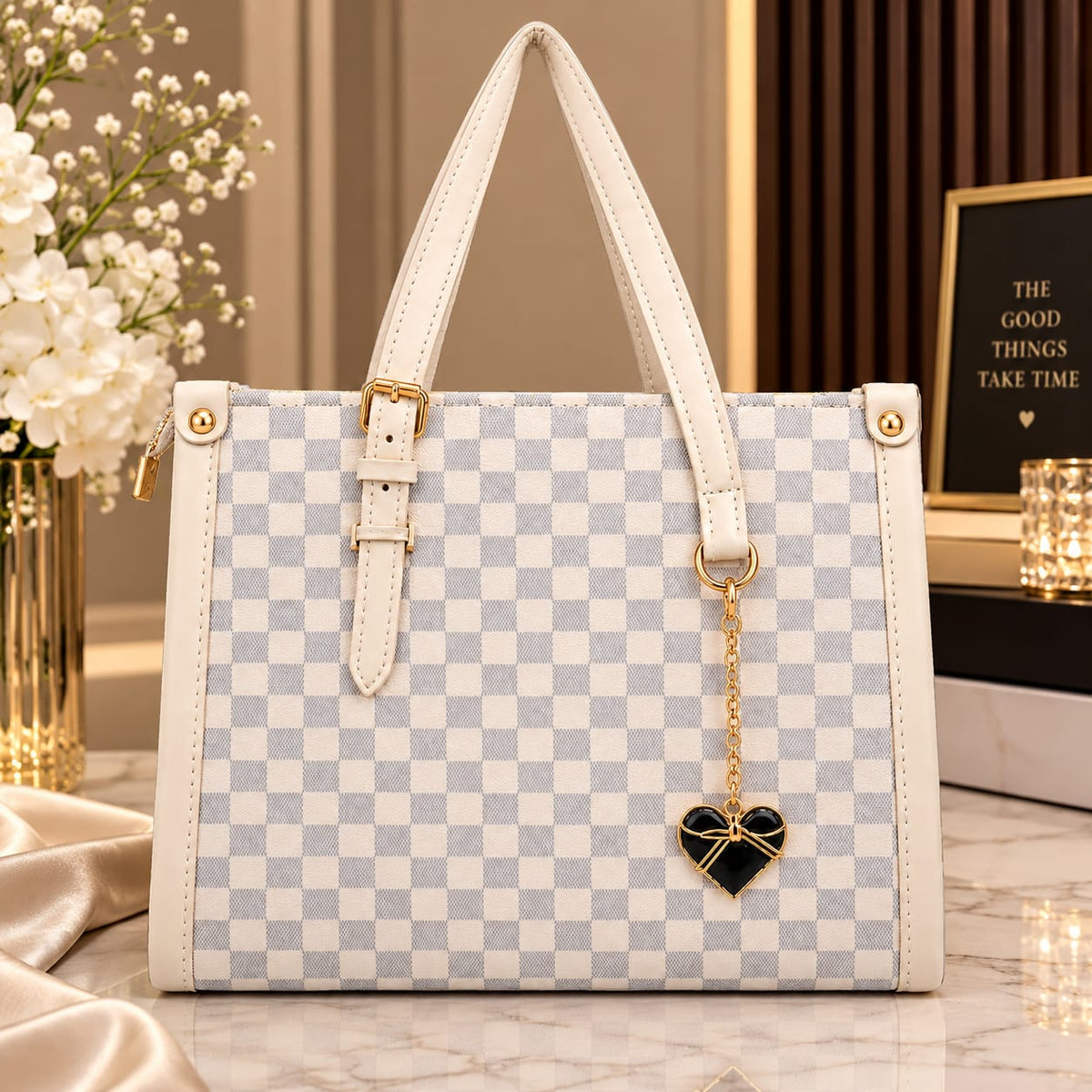 BagY Blush beige Checkered Tote Bag