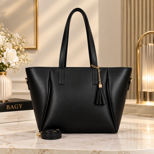 Black Luxury Tote Bag with Golden Tassel Charm