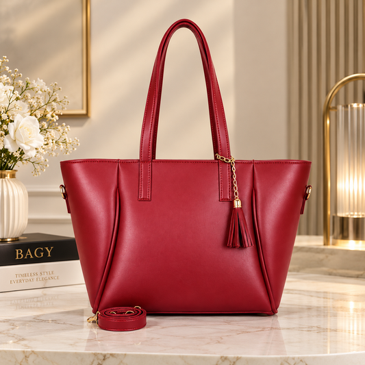 Cherry Red Luxury Tote Bag with Golden Tassel Charm