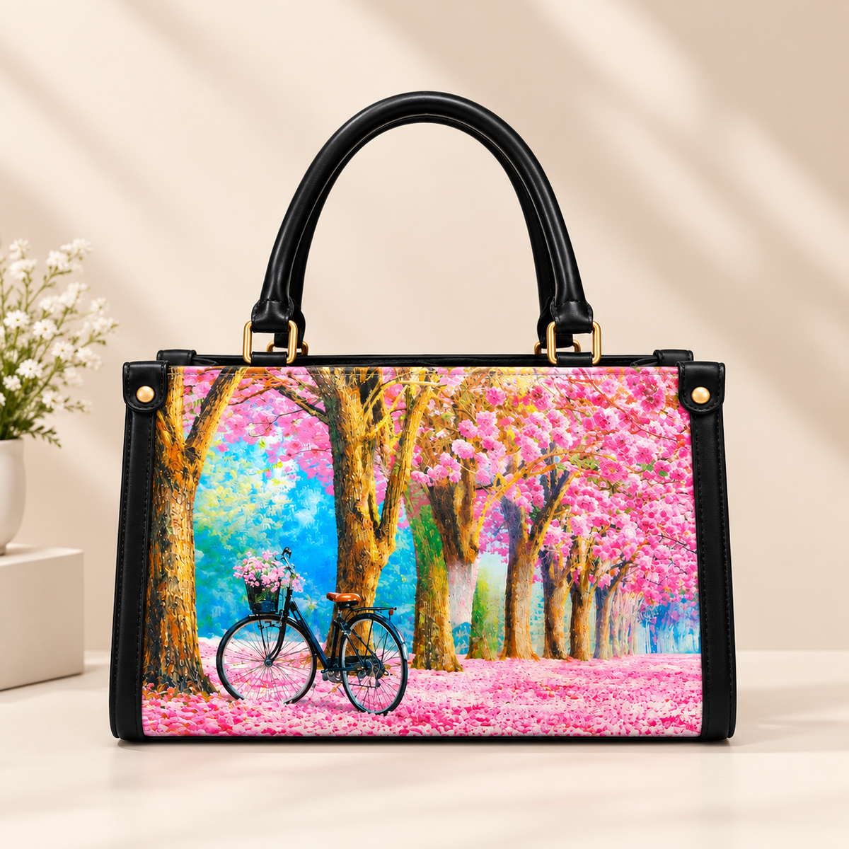 BAGY Pink Blossom Bicycle Printed Tote Bag – Premium Black Handbag 🌸👜
