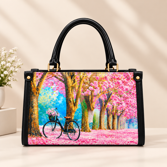 BAGY Pink Blossom Bicycle Printed Tote Bag – Premium Black Handbag 🌸👜