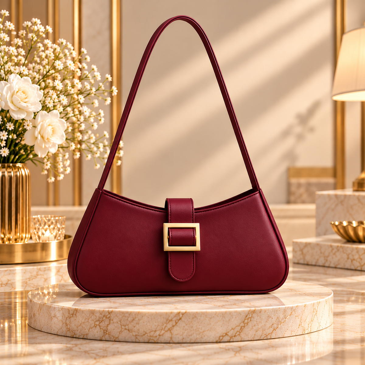 Buckle Shoulder Bag – Maroon | Premium Ladies Handbag