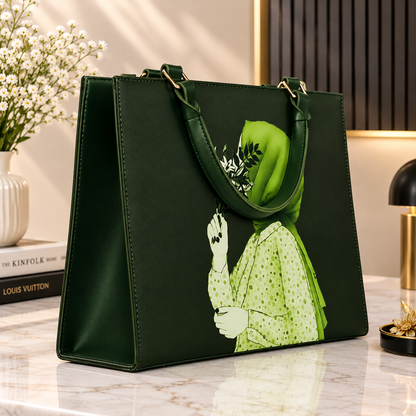 Forest Green Floral Hijab Printed Luxury Tote Bag for Women