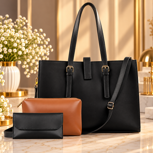 BAGY Premium 3-Piece Tote Bag Set – Black | Elegant Ladies Shoulder Handbag