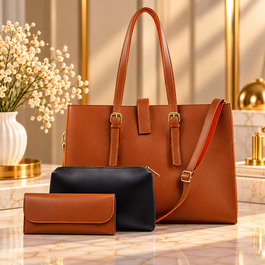 BAGY Premium 3-Piece Tote Bag Set – Brown | Elegant Ladies Shoulder Handbag