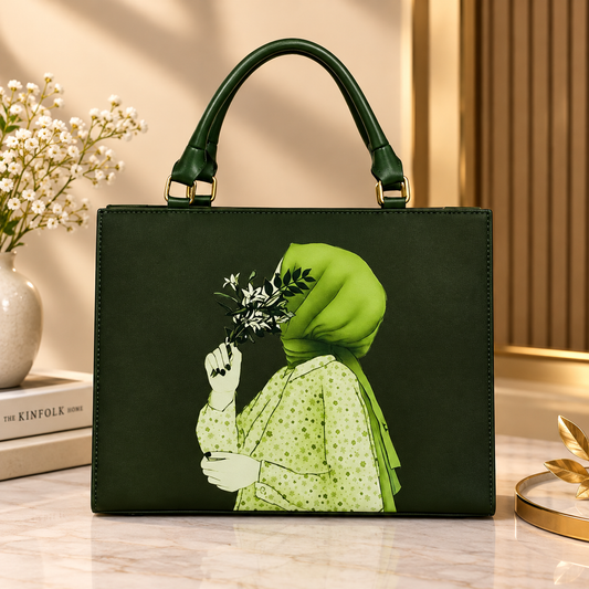 BAGY Elegant Artistic Printed Tote Bag – Green | Premium Ladies Handbag